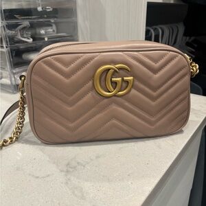 Gucci Tan Gold Crossbody Bag with Chevron Quilting